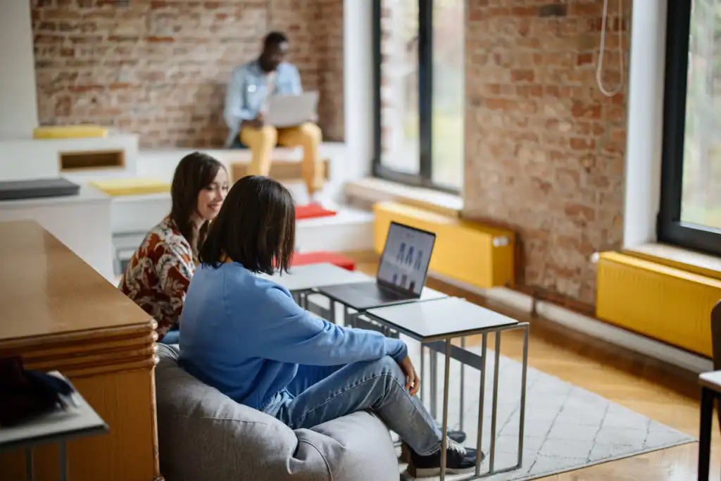 Contemporary hybrid office space with workers